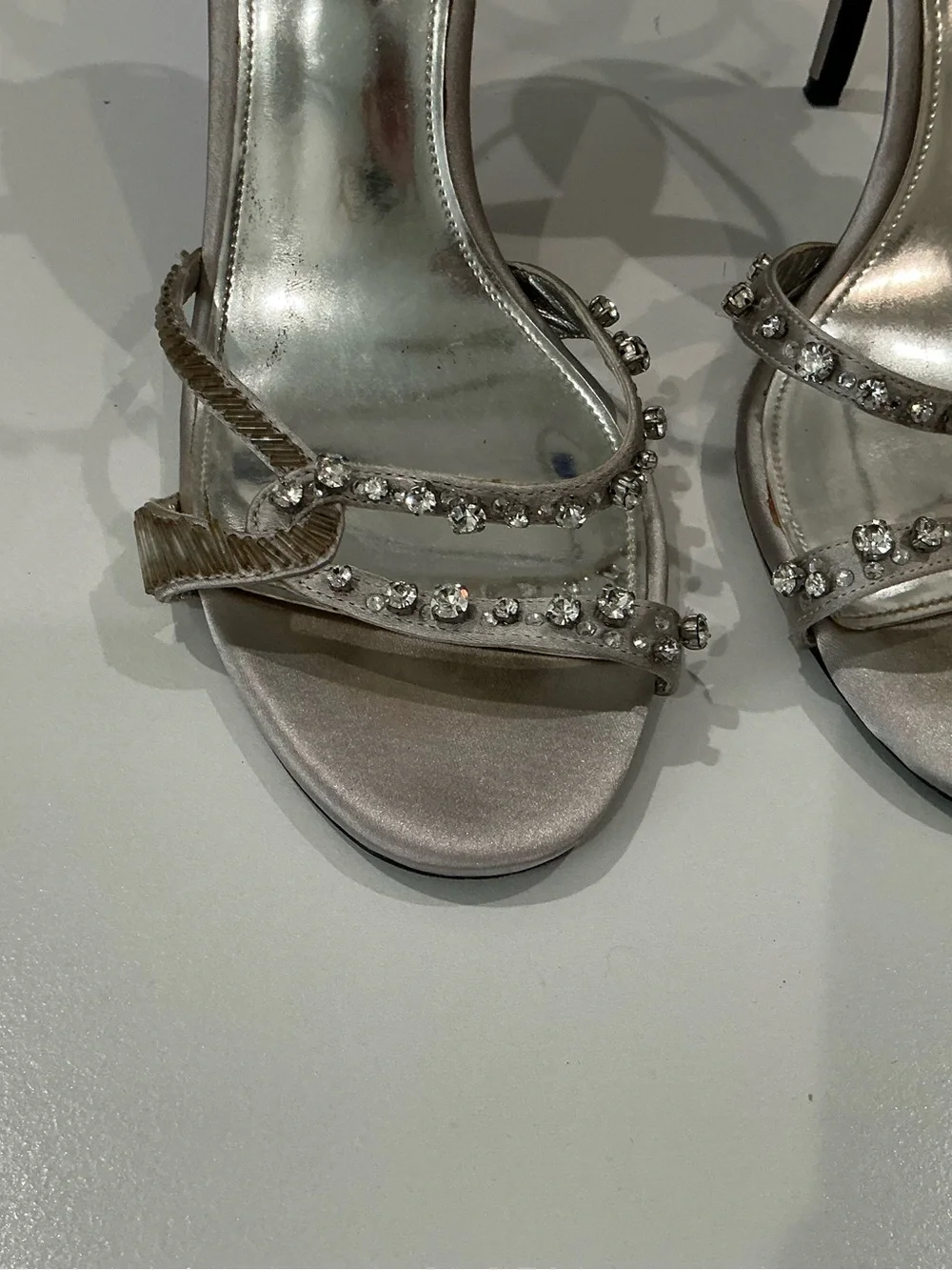 Nina, New York women, satin rhinestone ankle strap evening heels, size 10 M